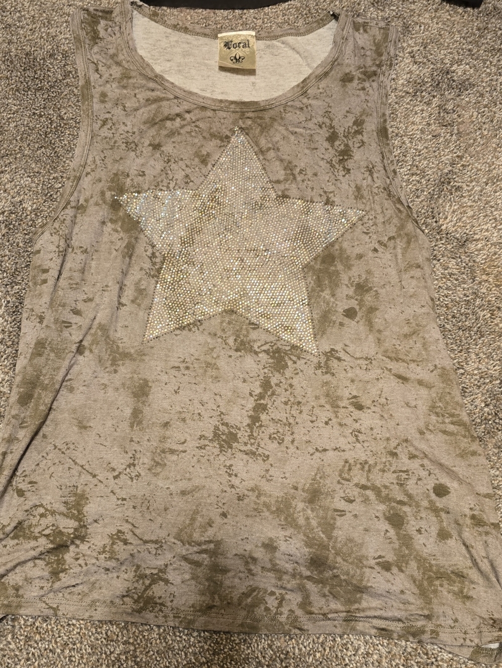 vocal Taupe Distressed Tank with Rhinestone Star